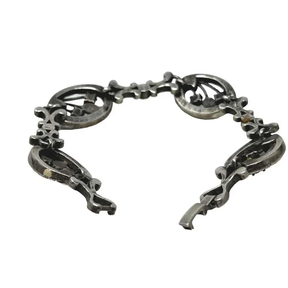 Crystal and‎ Faux Pearl Bracelet Blue Stones Silver Tone Dark Finish